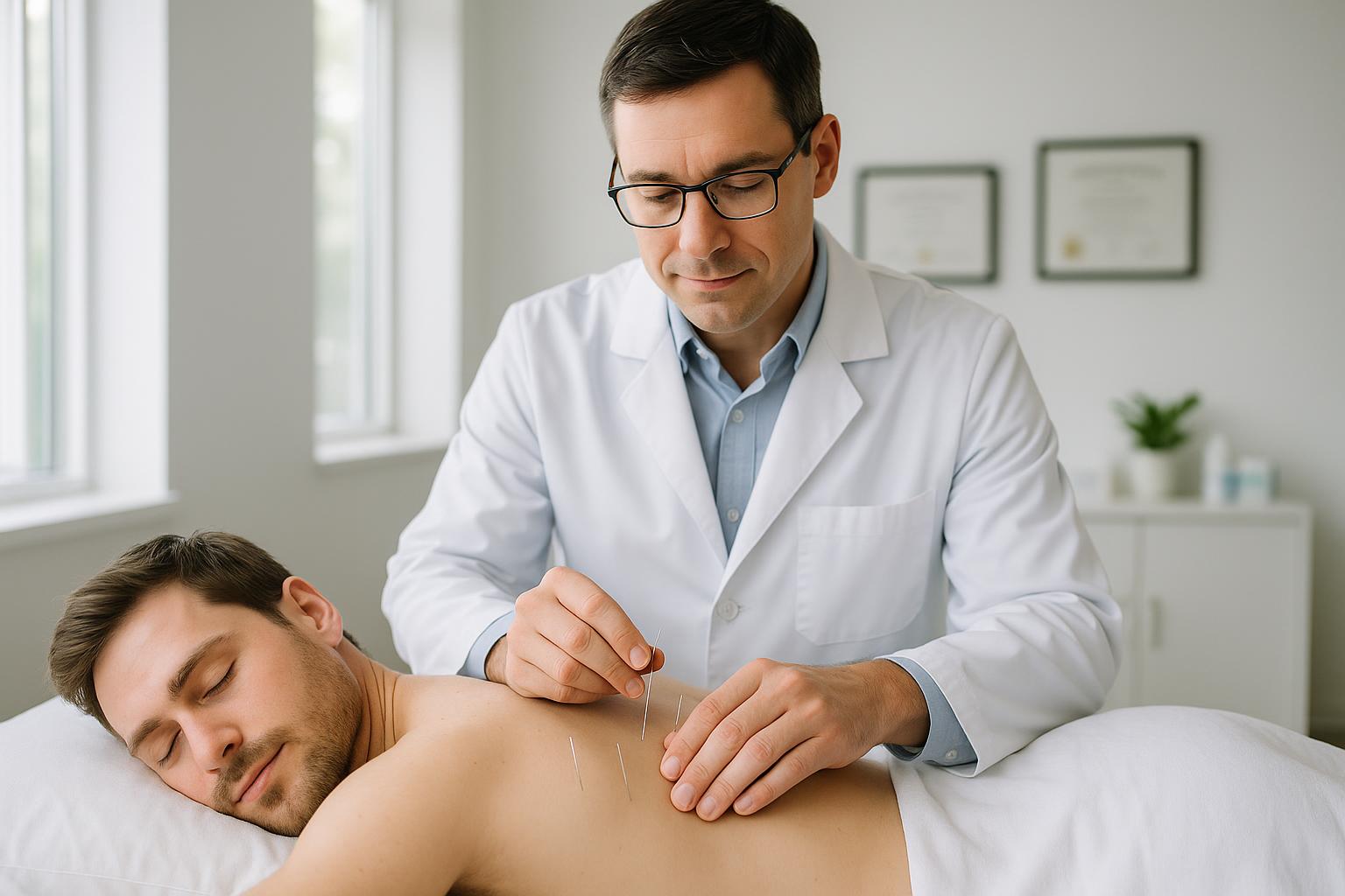 Professional acupuncture treatment session in modern clinical office comparing acupuncture and Dianetics mental health treatments