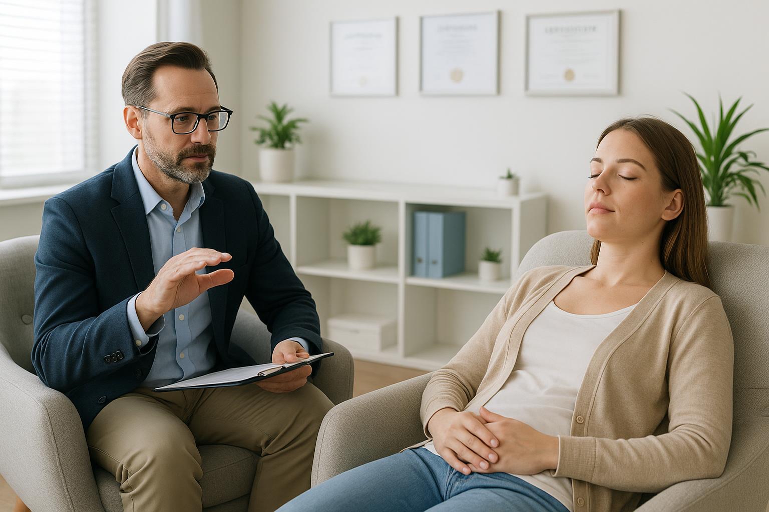 Professional hypnotherapy session in modern clinical office comparing hypnosis and Dianetics mental health treatments