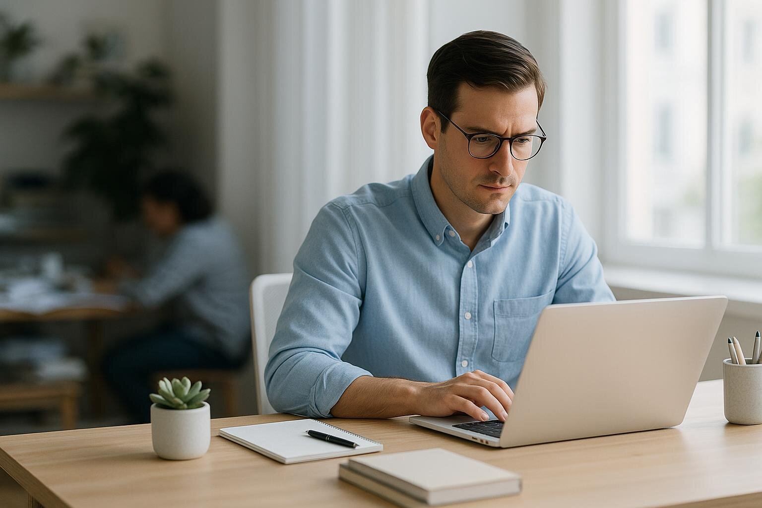 Person with ADHD achieving focus clarity and concentration working at organized desk with natural light - mental health treatment