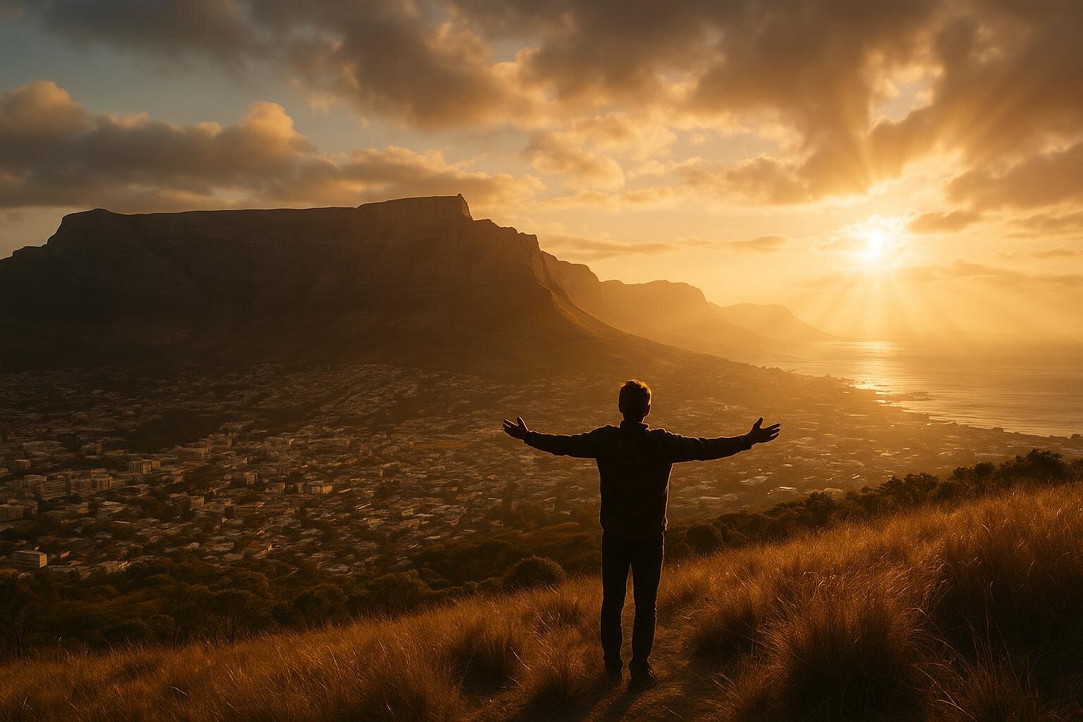 Person overcoming anxiety in Cape Town South Africa with arms outstretched overlooking Table Mountain at sunset - mental health recovery and hope