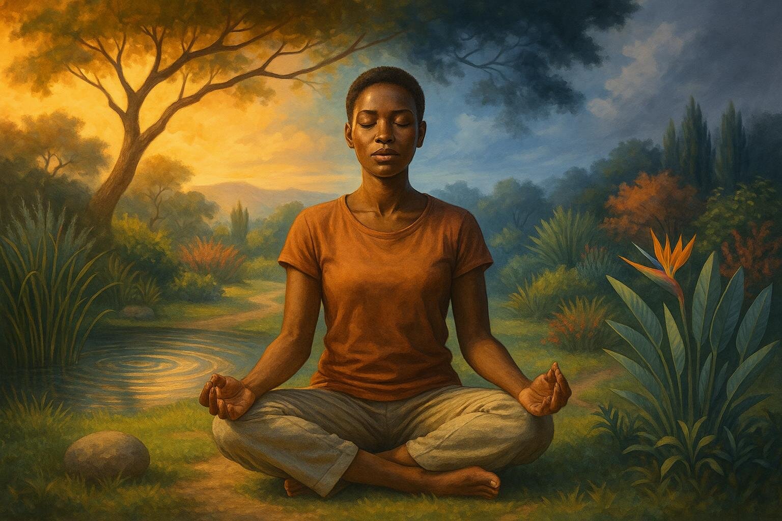 Person achieving emotional balance and stability with bipolar disorder through meditation in serene South African garden setting
