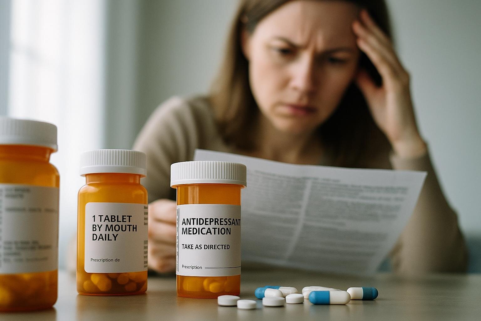 Person reading antidepressant medication information leaflet concerned about side effects and treatment options