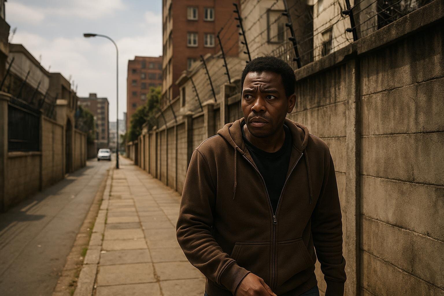 South African person experiencing crime-related anxiety walking in urban Johannesburg street with high security walls