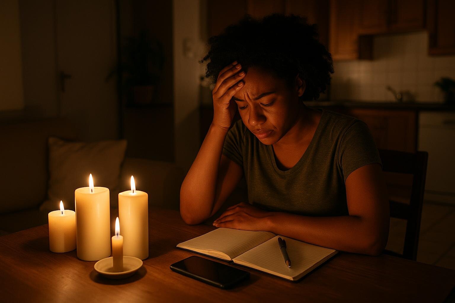 South African home during load shedding with candles showing mental health impact of power outages and stress