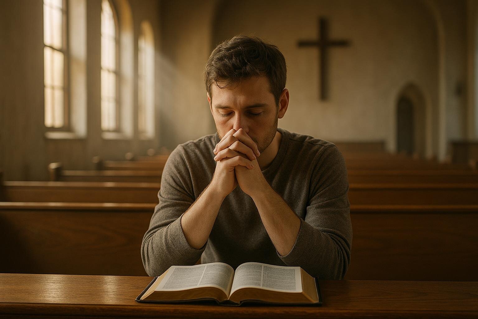 Person in prayer with Bible in church showing intersection of Christian faith and depression treatment