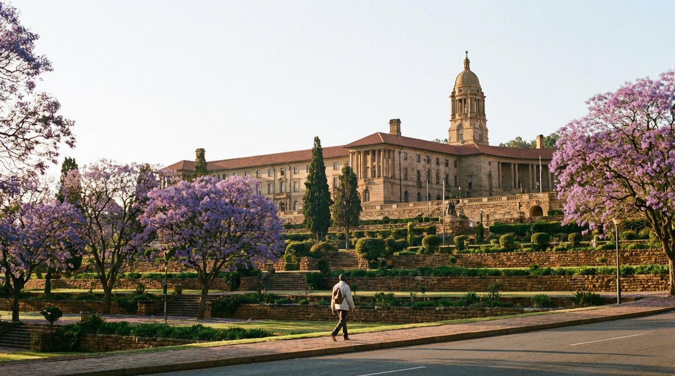 Pretoria Union Buildings with person seeking mental health help in South Africa's capital