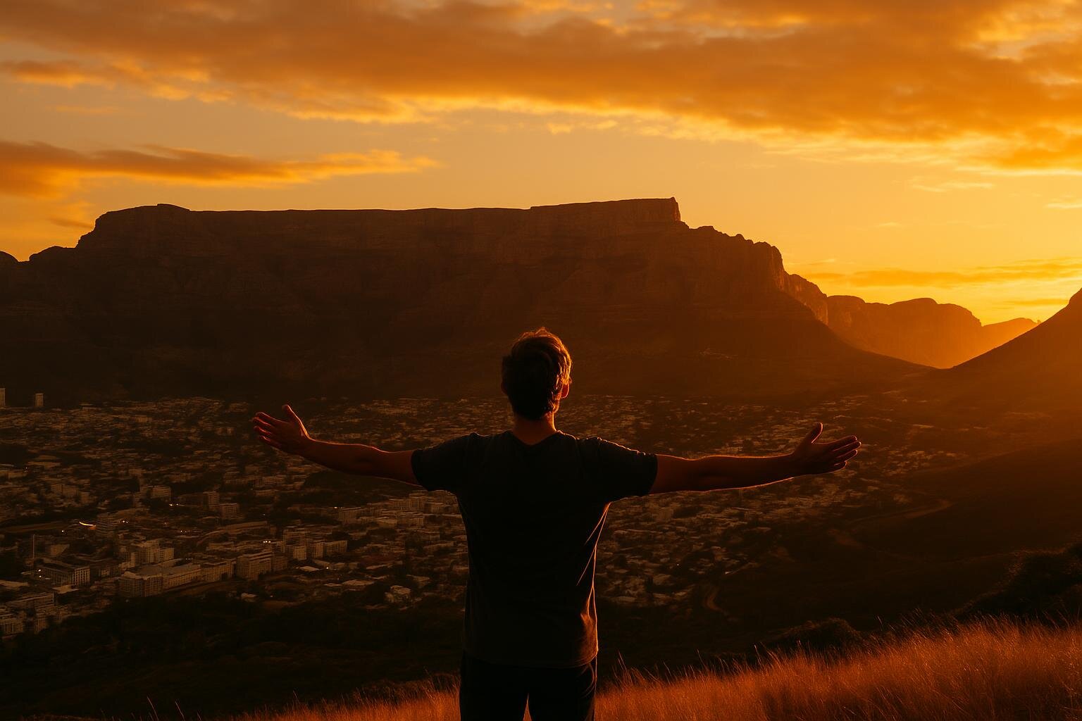 Person with arms outstretched facing Table Mountain at sunset - mental health resources and hope for Cape Town residents