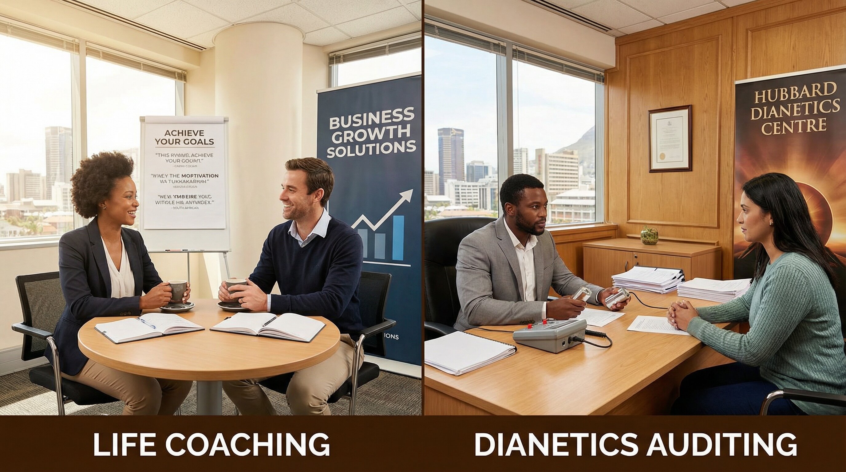 Comparison of life coaching session and Dianetics auditing showing motivational coaching versus mental health technology