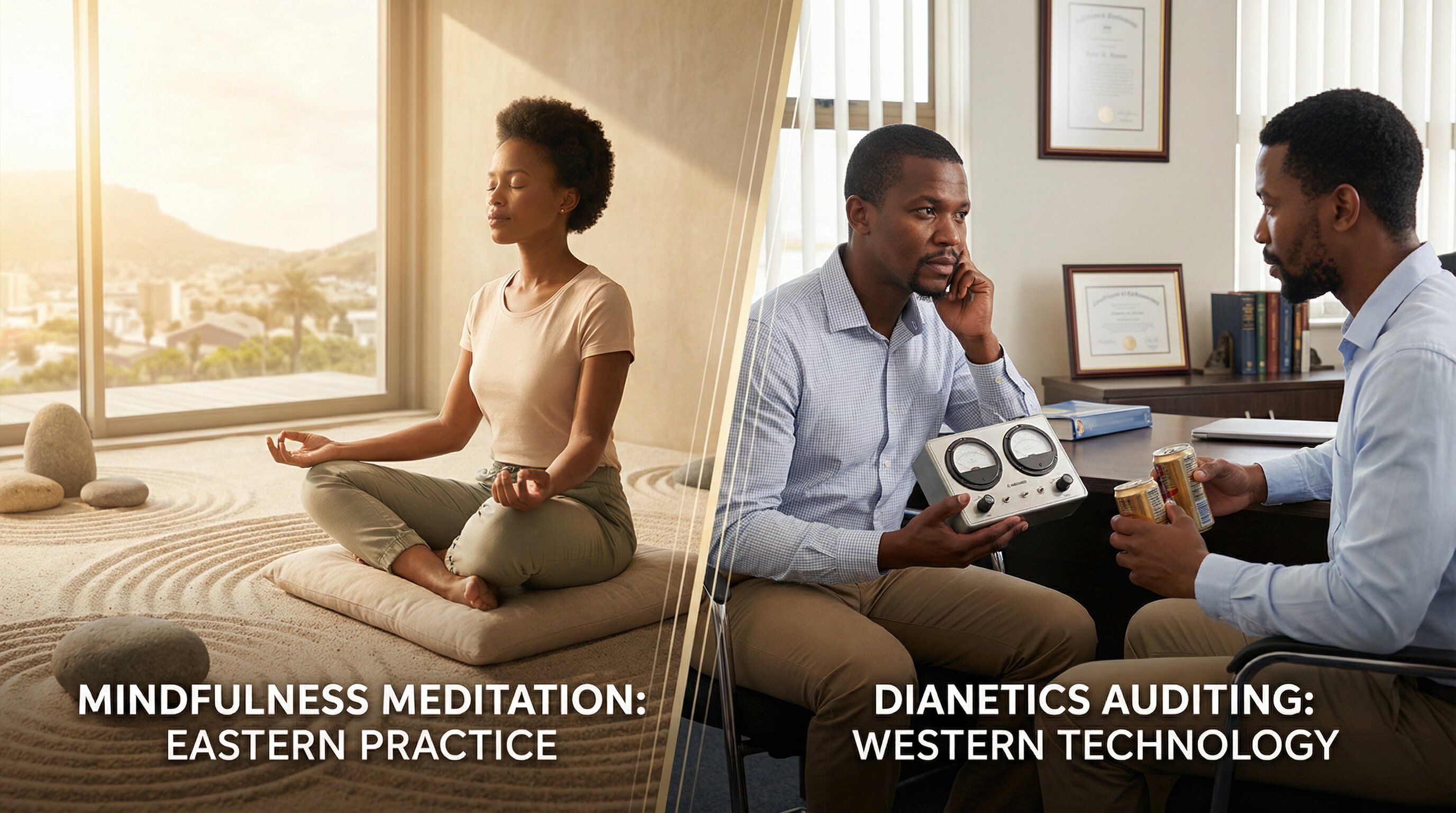Comparison of mindfulness meditation practice and Dianetics auditing showing Eastern meditation versus Western mental health technology