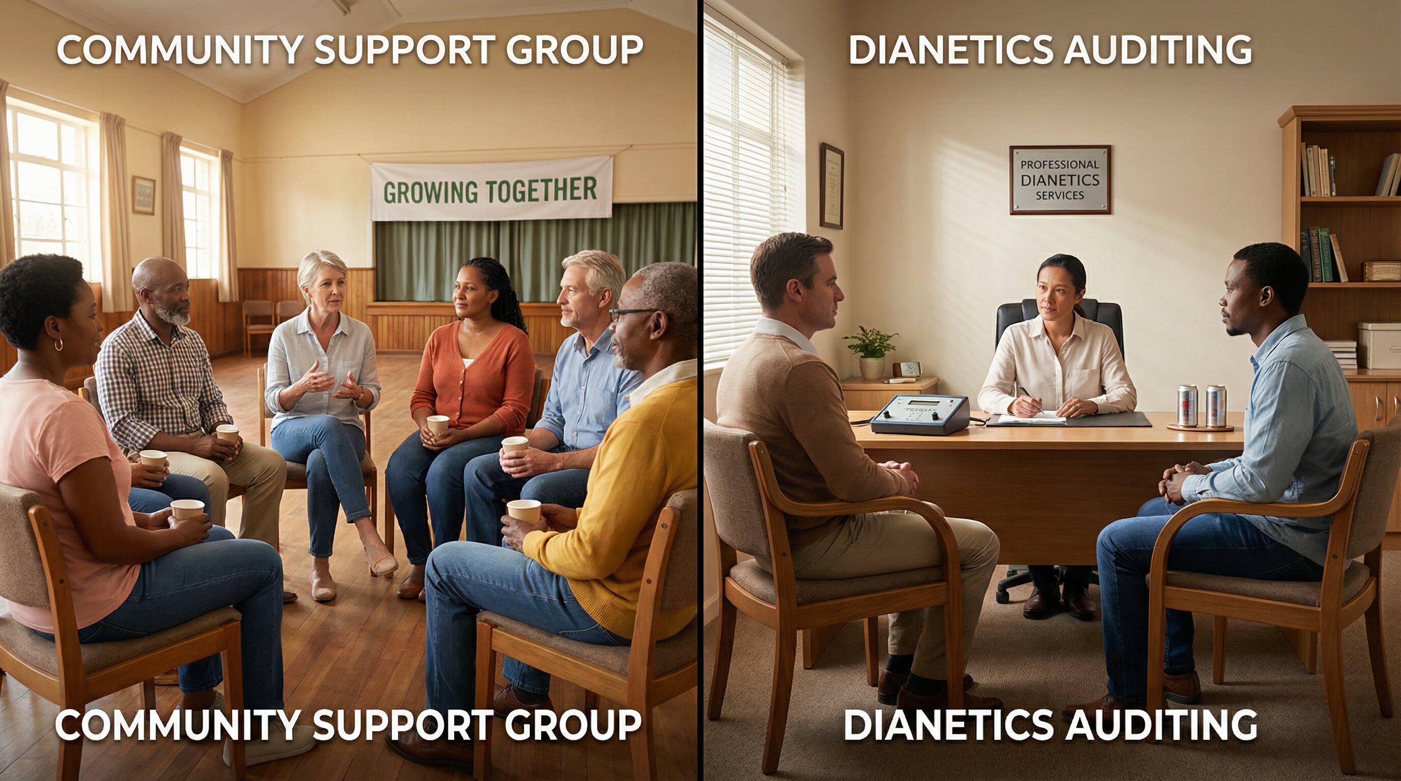 Comparison of community support group meeting and Dianetics auditing showing group therapy versus individual mental health technology