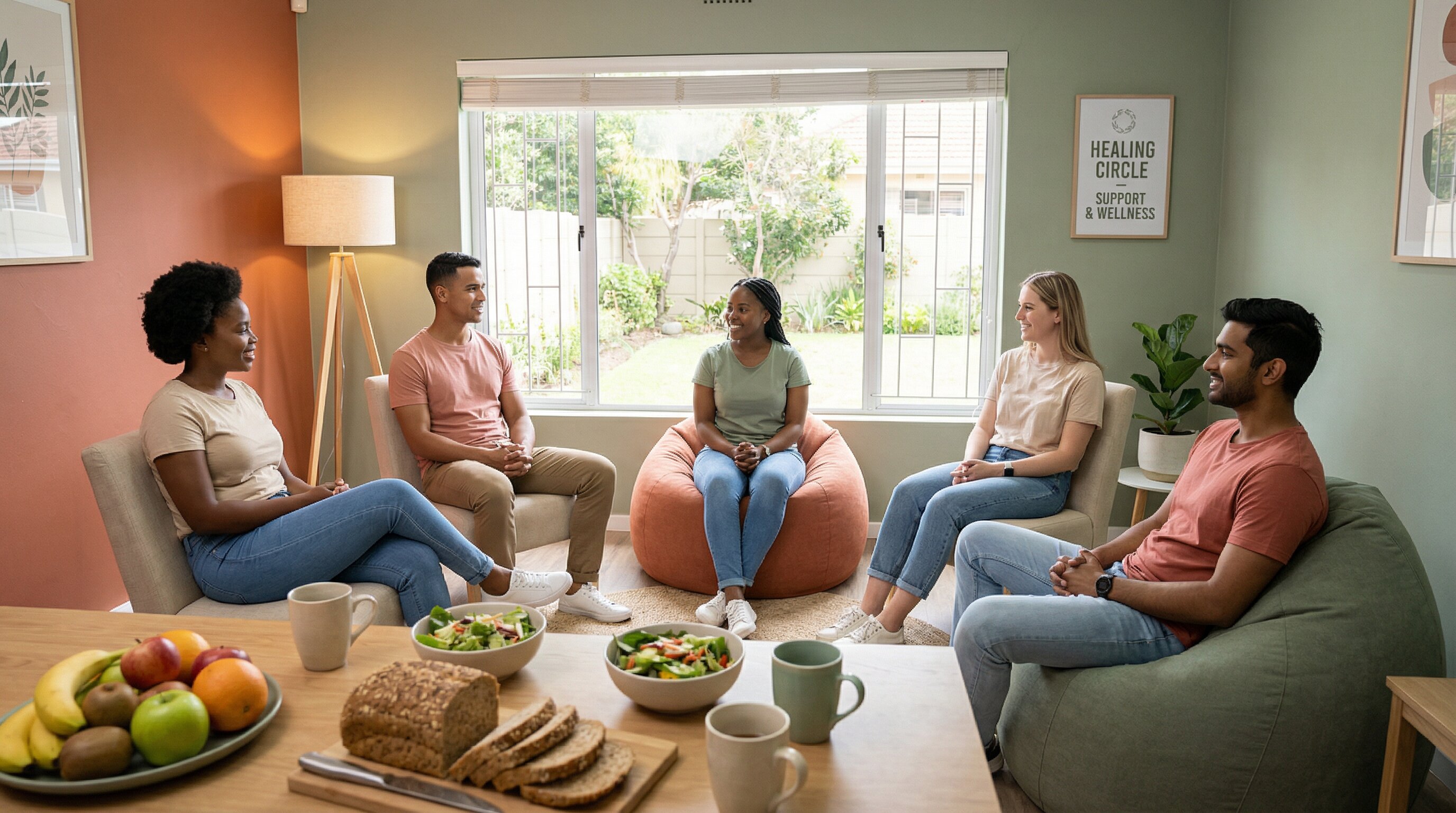 Diverse group of young South Africans in supportive recovery circle with healthy meal - eating disorder treatment and hope
