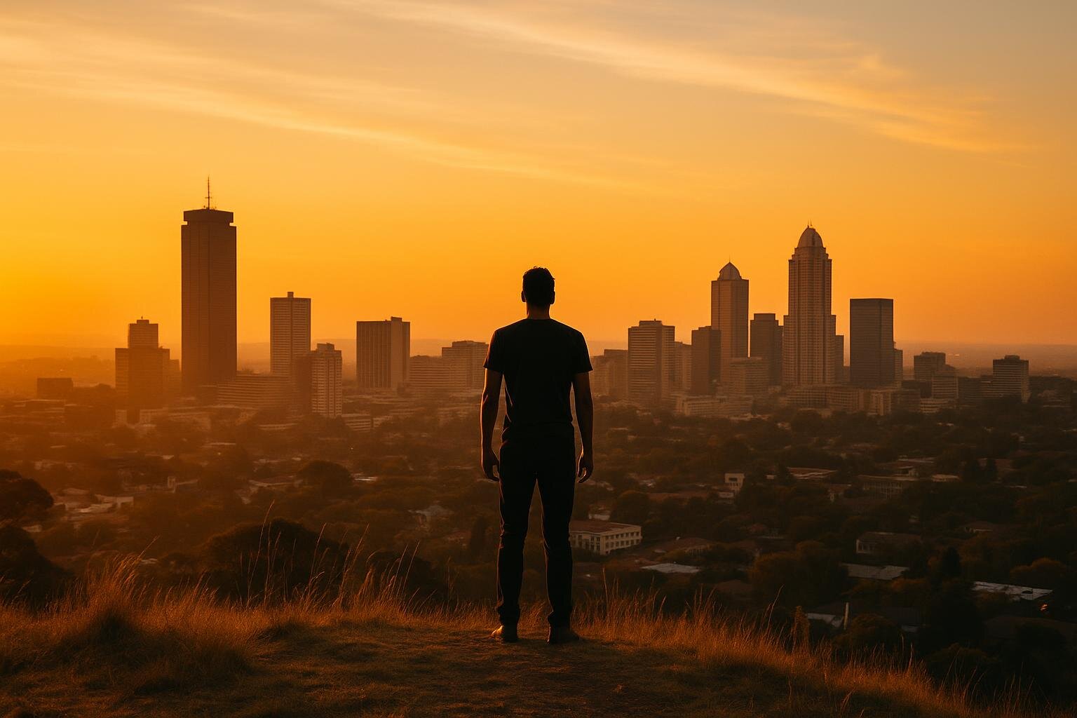 Person overlooking Johannesburg city skyline at sunset - mental health resources and hope for Gauteng residents