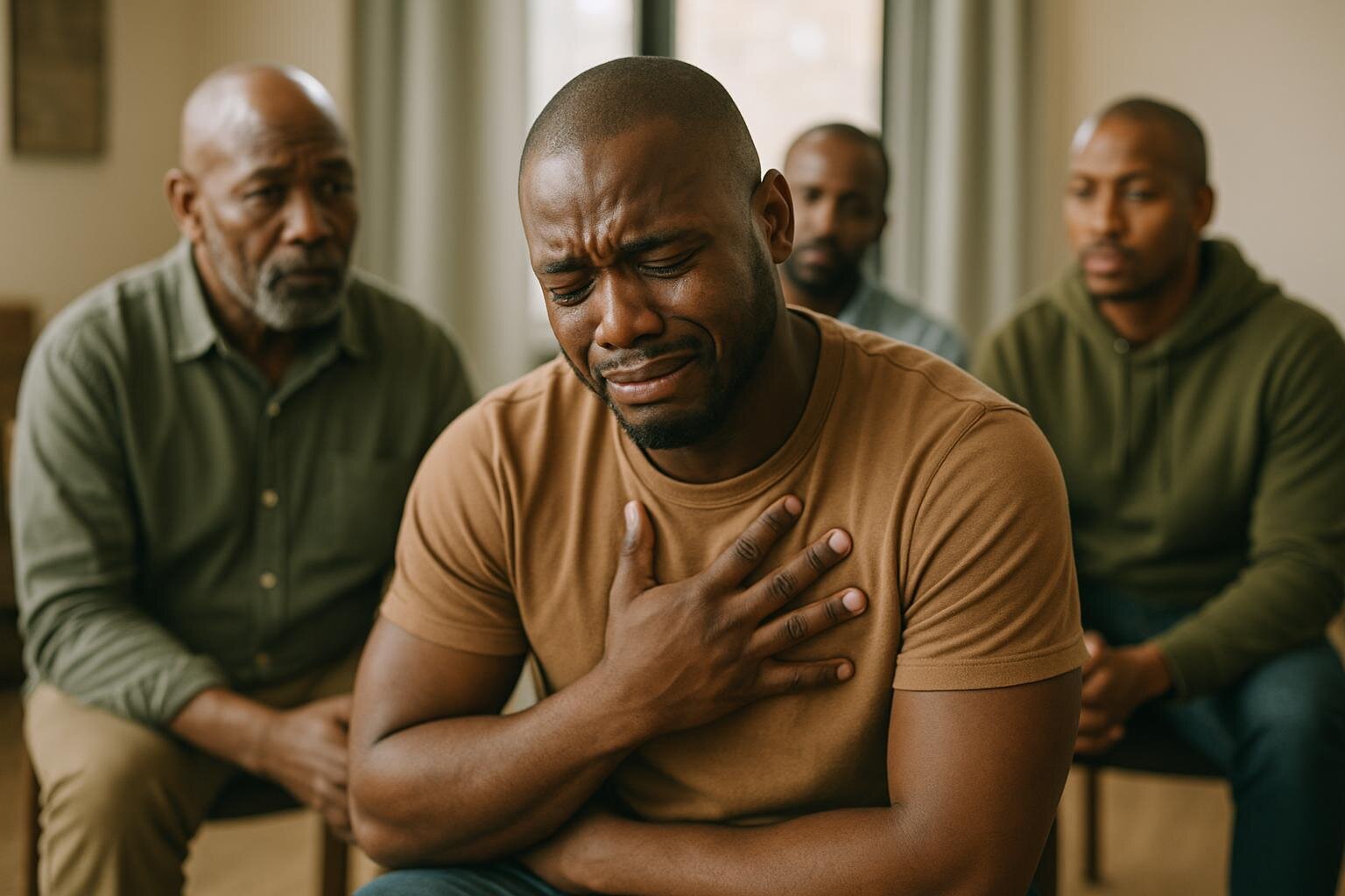 South African men breaking silence on mental health showing vulnerability emotional courage in support group therapy session