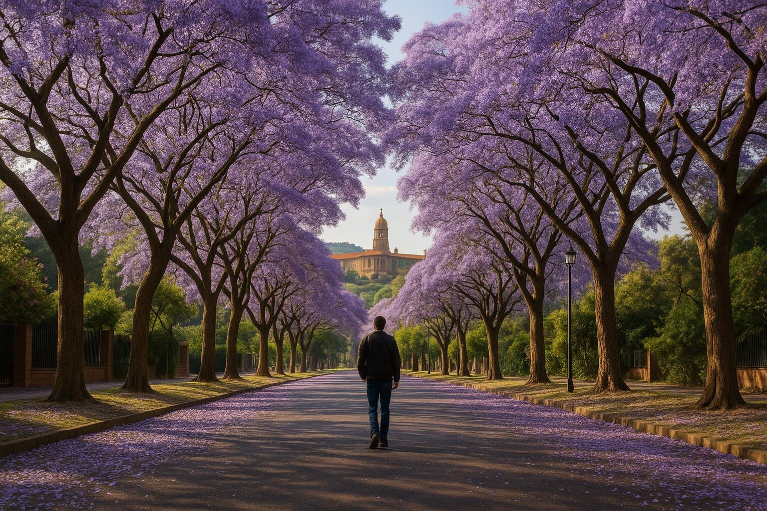 Person walking through Jacaranda-lined street in Pretoria - mental health resources and hope for Tshwane residents