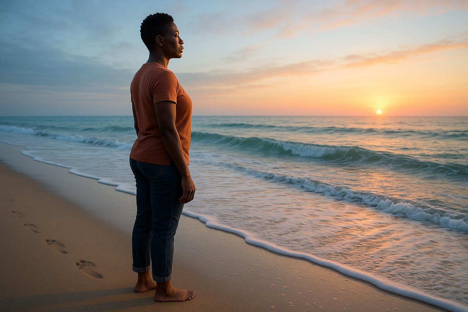South African person healing from PTSD and trauma standing at peaceful beach sunrise showing resilience and recovery journey