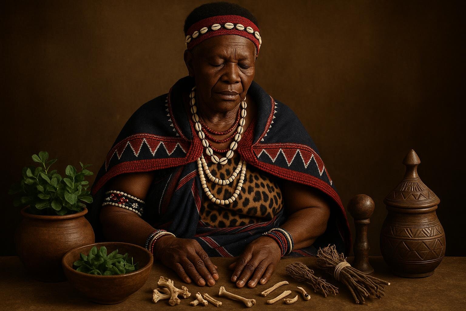 Traditional South African sangoma healer with cultural healing elements herbs bones - respectful comparison traditional medicine Dianetics