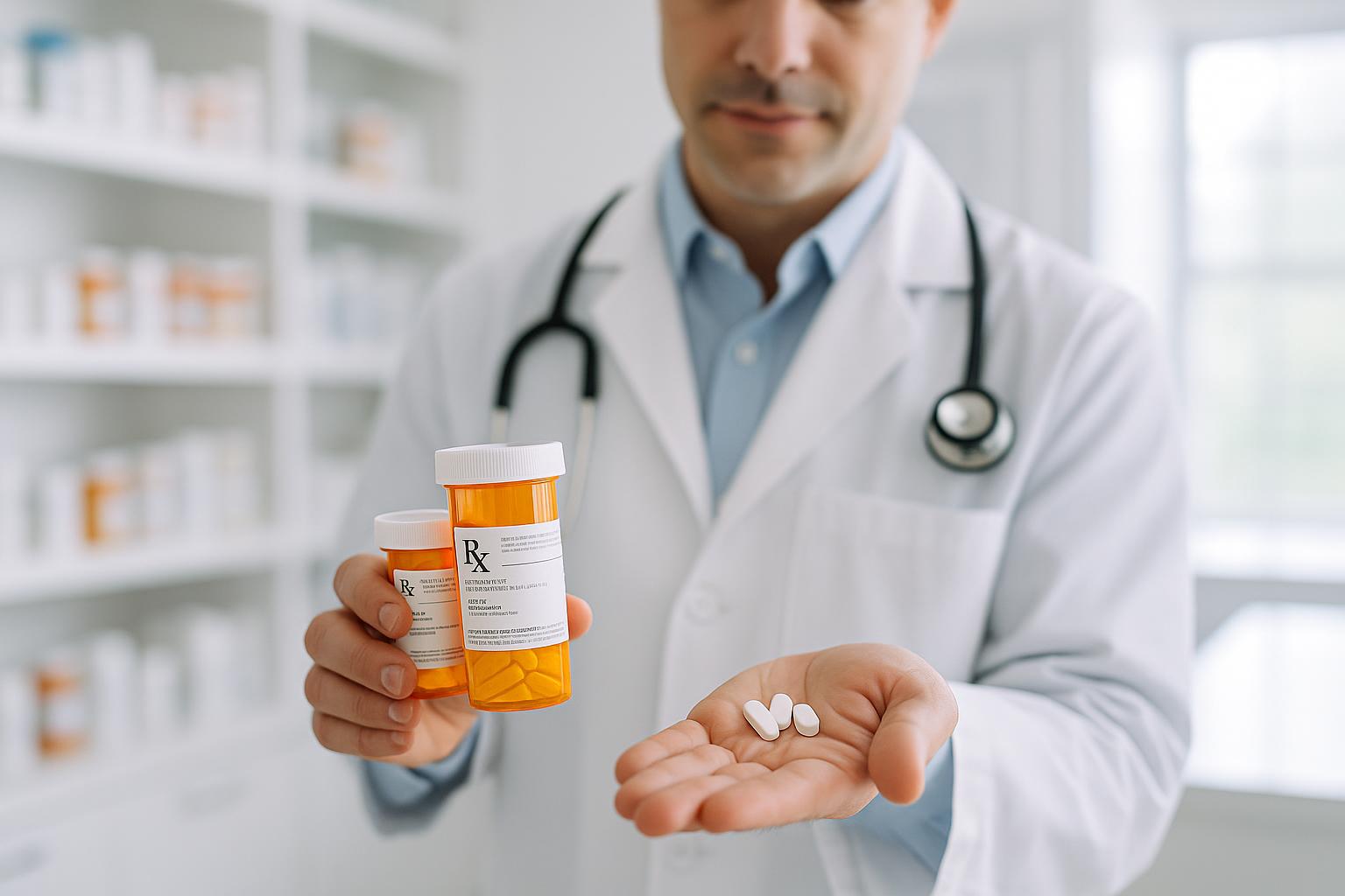 Doctor holding prescription medication bottles comparing psychiatric medications and Dianetics mental health treatments