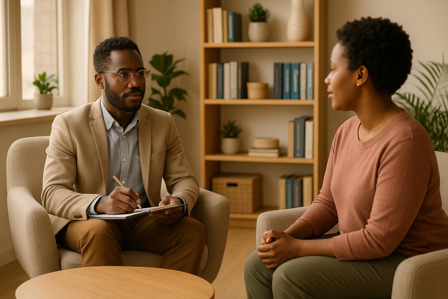 Professional therapy session in modern clinical office comparing psychotherapy and Dianetics mental health treatments